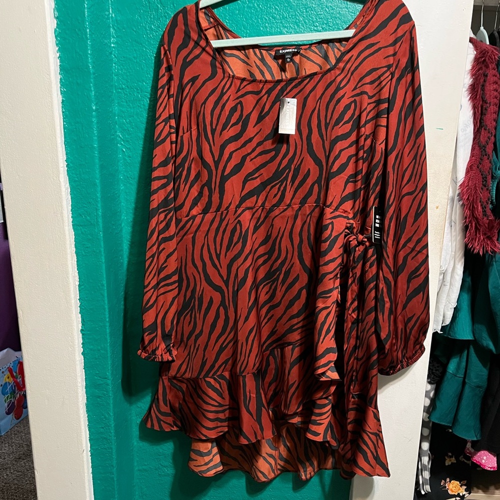 Rust color tiger stripped faux wrap dress